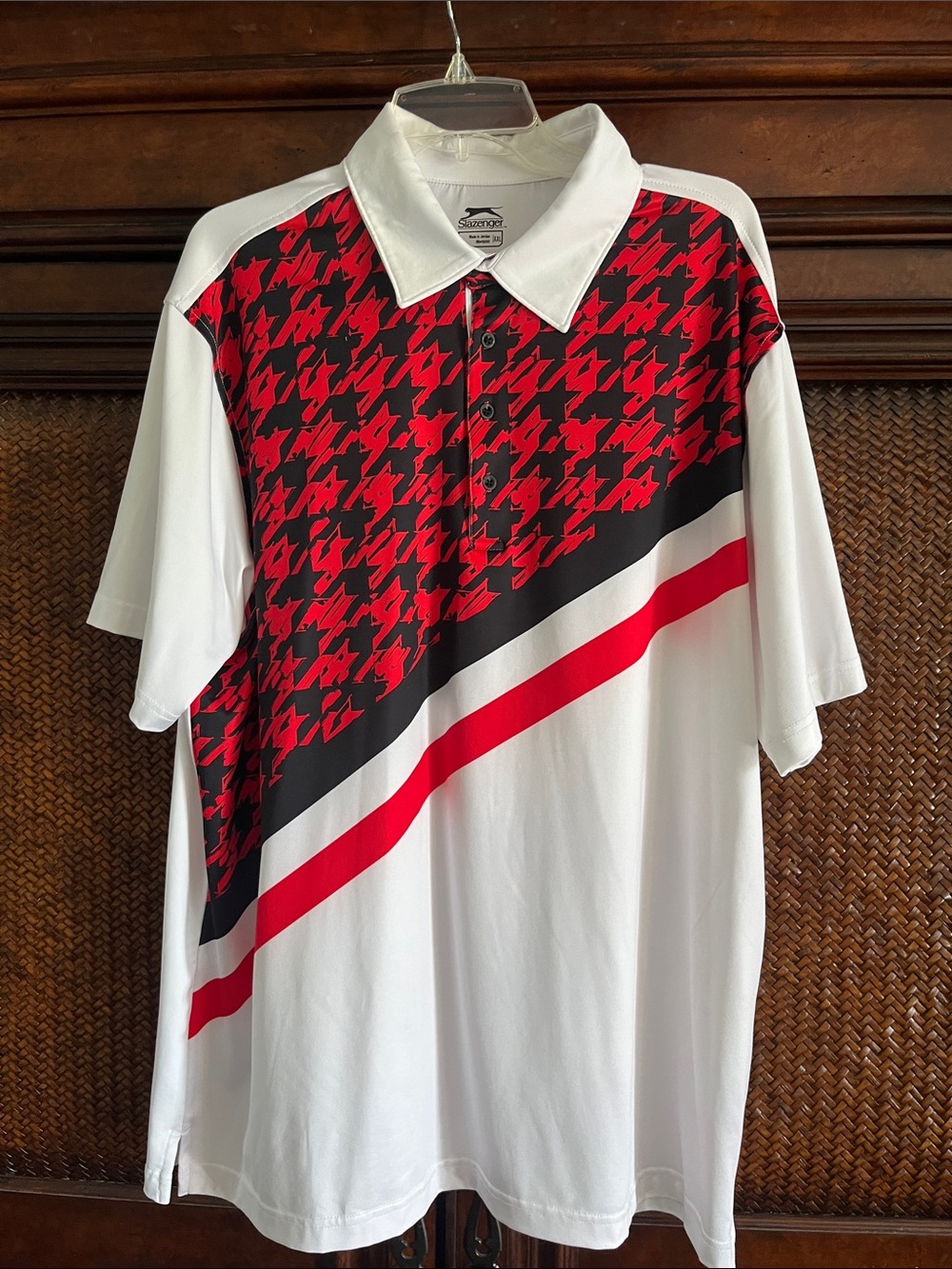 Slazenger White Polo with Red & Black Graphic Houndstooth